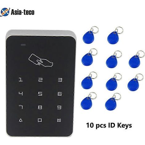 Système de contrôle d'accès avec clavier numérique RFID 125 kHz, contrôleur de serrure de porte, lecteur de cartes RFID, 10 modules TK4100 KeyAC et 10 clés. (1/5)