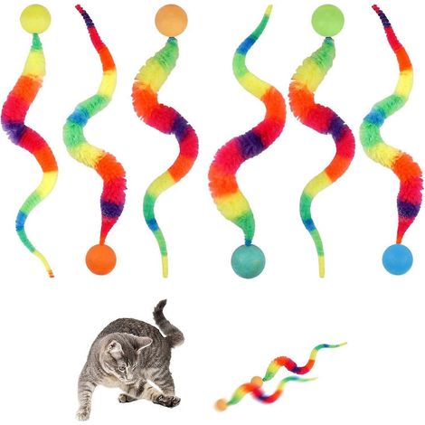 Jouets pour chats Bouncy Tails - Lot de 5 couleurs aléatoires, gros ver magique arc-en-ciel avec balle pour chats, ver coloré et duveteux avec balles rebondissantes (1/5)
