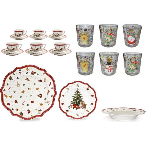 Servizio di piatti in fine porcellana per 6 persone Bicchieri e Tazzine di caffé con Motivi Natalizi rossi bordi smerlati addobbi decorazioni elegante idea Regalo (1/4)