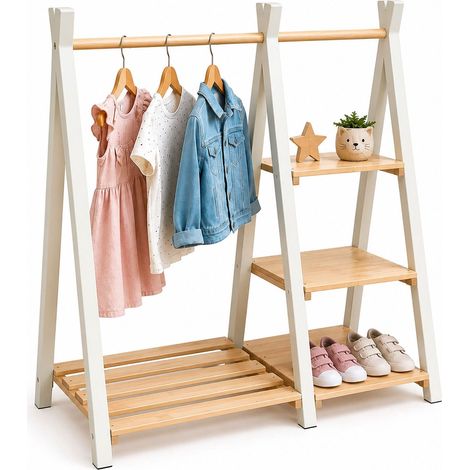 Perchero infantil de pino con estante, color blanco natural. (1/5)