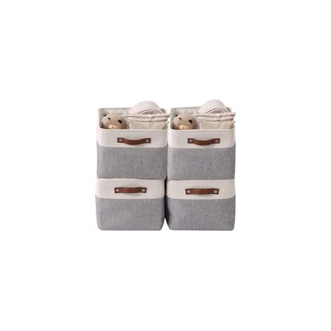 paniers de rangement pliables en tissu cationique robuste et pliable avec poignées pour étagère pour chambre d'enfant ou penderie (Gris et blanc, Large - 4 Pack) (1/5)