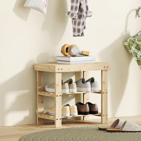 Banc à chaussures en bambou naturel, étagère à chaussures à 2 niveaux, siège intégré, pour entrée, couloir, 50 x 28 x 45 cm (1/5)