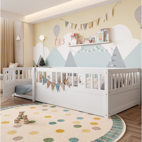 Letto bambini 90x190 cm con sponda di sicurezza, decorazione stelle e luna, senza materasso, bianco (1/5)