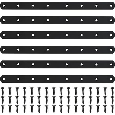 6 piezas de placa perforada negra, conector de metal, conector para madera cepillada, placa de reparación, conector de esquina plana con 48 tornillos para muebles, armarios y estantes, 295 x 20 x 3 mm