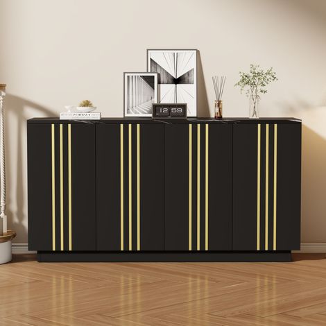 Buffet bas de salon 35x140x70cm, meuble de rangement avec 4 portes pour entrée et chambre, moderne chic avec étagères réglables, Noir et Or (1/5)