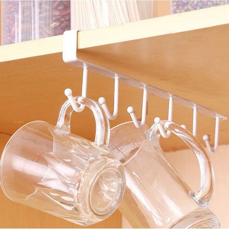 6 Hooks Metal Under Hanging Shelf Kitchen Cupboard Organiser, White (1/5)