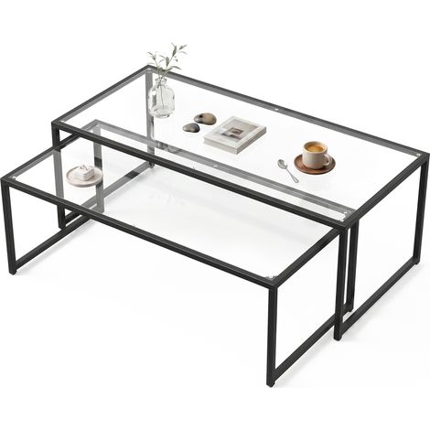 2er-Set Couchtische, Glastische, mit pulverbeschichtetem Stahl, Schwarz + Transparent (1/5)