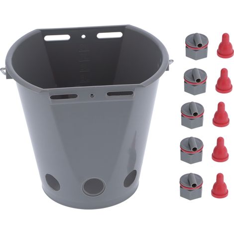 Seau mangeoire de 8 L pour l'élevage, en plastique de qualité alimentaire, avec 5 tétines, gris (pour agneaux).