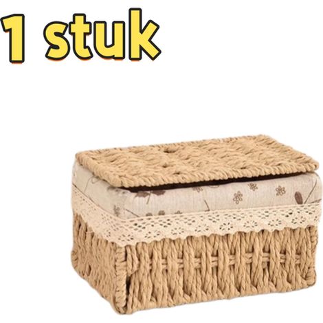 ZHIJIA PREMIUM Lot de 1 boîte rangement petite taille couvercle ruban jouets goûters petits objets vaisselle rotin cosmétique bureau 18x12x10 cm couleur naturelle (1/5)