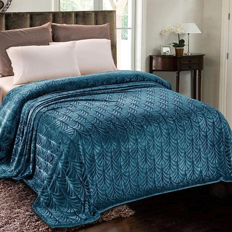Überwurf mit Blattmuster, 220 x 240 cm, weicher und warmer Flanell, blau, für Sofa oder Bett, ganzjährig verwendbar