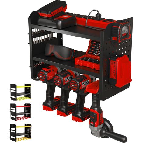 Support mural pour outils électriques – Étagère de rangement à 3 niveaux en métal robuste pour outils à main, supports utilitaires, porte-perceuse, panneau perforé, et plus encore (1/5)