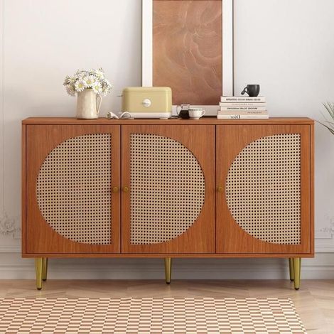 Commode - KOMHTOM - 129.8x40x76 cm - Rotin - 3 portes tressées - Couleur noyer (1/5)