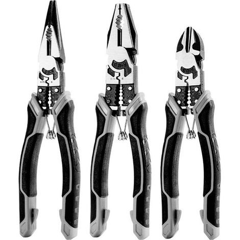 Lot de 3 pinces à bec long 220 mm, pince coupante latérale 190 mm, pince universelle 210 mm avec serrure de sécurité avec pince à dénuder et sertisseuse pour travaux électriques, bricolage (1/5)