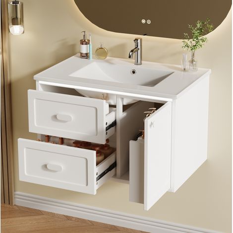 Mobile lavabo sospeso moderno bianco 76x46x51 cm con lavabo integrato, LED con sensore radar, 2 cassetti e 1 anta (1/5)