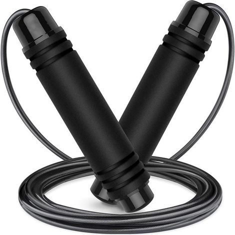 Corde à sauter en fil métallique, corde à sauter à vitesse réglable pour enfants et adultes, poignée en mousse antidérapante - Noir (1/4)
