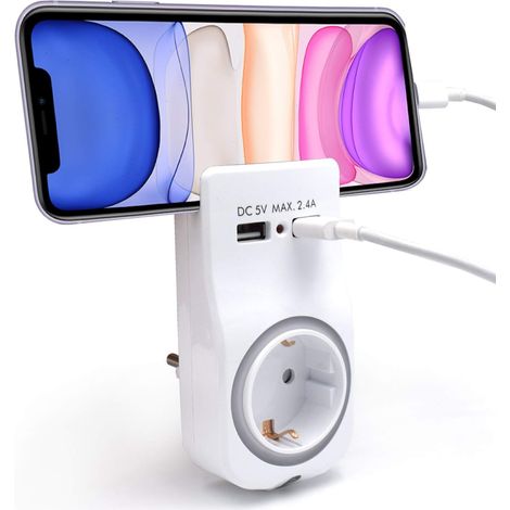 Adaptador de pared welly enjoy 1 toma schuko 16a con luz nocturna soporte para telefono 2 puertos usb indicador led blanco WY13030