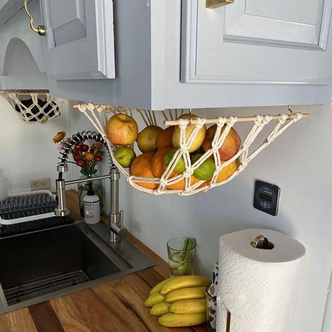 Panier Suspendu Pour Fruits - Corde Coton Tissée À La Main - Aération Optimale - Installation Sous Placard - 30 x 50 cm (1/5)