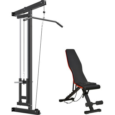 Station musculation murales avec banc de musculation - SPORTNOW - poulie haute et basse, 2 poulies - acier - 75x16x192cm - noir