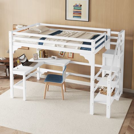 Cama alta 140x200 cm escritorio en L madera de pino armario abierto color blanco Ideal para niños y adolescentes(Sin Colchón) (1/5)