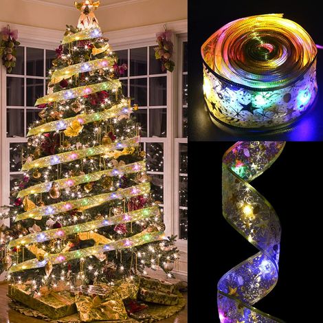 Guirlande lumineuse de Noël, décorations d'arbre de Noël, guirlande lumineuse en ruban doré, décorations de Noël, 4 m de ruban lumineux de Noël (RVB) (1/5)