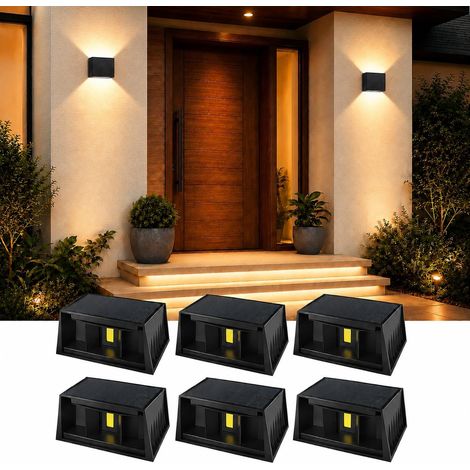 Lot de 6 appliques solaires murales d'extérieur, lumière chaude, adaptées aux maisons, vérandas et garages. (1/5)