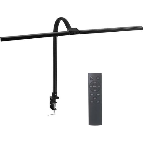 Lámpara de escritorio Relaxdays, doble LED 80 cm, mando a distancia y control táctil, pinza y cuello de cisne, negra