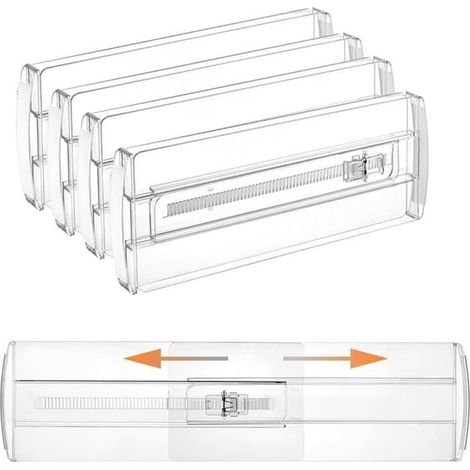 4 pièces séparateurs de tiroir, hauteur 10 cm, réglables 27-43 cm, organisateurs tiroirs plastique transparent, pour cuisine et bureau (1/4)