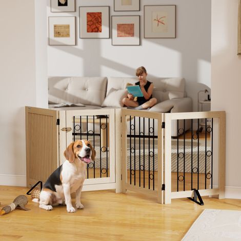 Barrière pour animaux autoportante, barrière pour chien avec porte, 4 panneaux, pour couloir, escalier, encadrement de porte, MDF, acier (1/5)