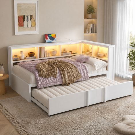 Lit 90x200 avec rangements, LED et USB en métal HAVRYA (1/5)