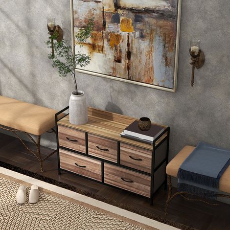 Cómoda/mueble de almacenamiento con 5 cajones de tela, 98 x 29 x 63 cm, estructura de acero negro.