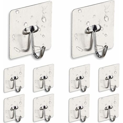 10 Pieces Self Adhesive Hook, Free Nail Wall Hook Stainless Steel for Bathroom, Kitchen, Ceiling Wall Door, Waterproof, Oil Proof (1/5)