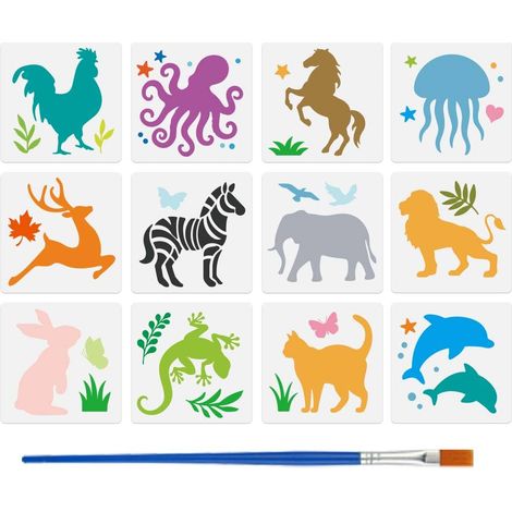 12 Pièces Pochoirs de Peinture de Silhouette d'Animal avec Pinceau 20x20cm Gabarit de Dessin de Cheval Cerf Pochoir d'Éléphant Lapin Gabarit de Thème Animal pour Peinture sur Sol Meuble (1/5)