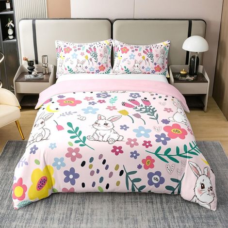 Floral Rabbit Coton Biologique Housse de Couette 220x240,Literie Lapin Rose pour Enfants et Adolescentes,Ensemble de Lit Imprimé Ferme Parure de Lit pour Enfants avec 2 Taies d'oreiller,Rose (1/5)