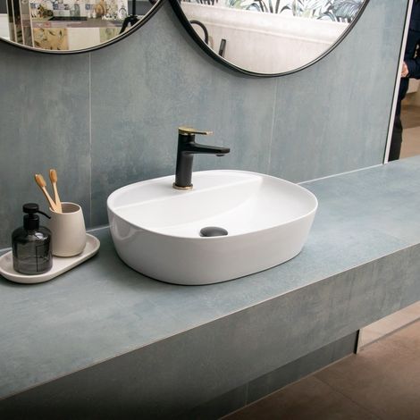 Lavabo bagno da appoggio design ovale 50.5 cm ceramica bianca  K-LITOS-505 kamalu