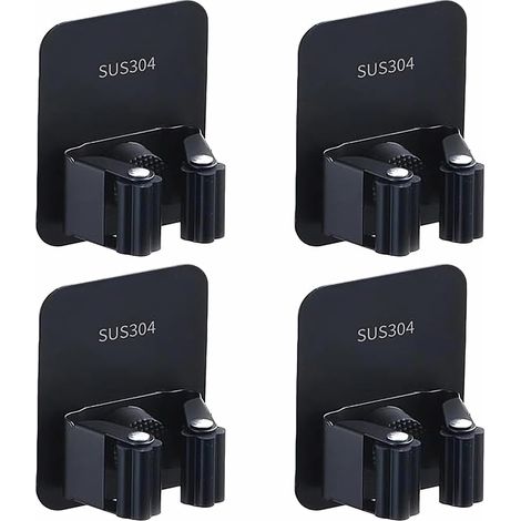 Lot de 4 supports muraux pour balai en acier inoxydable, auto-adhésifs, solution de rangement pour cuisine, garage, jardin et salle de bain (noir) (1/5)