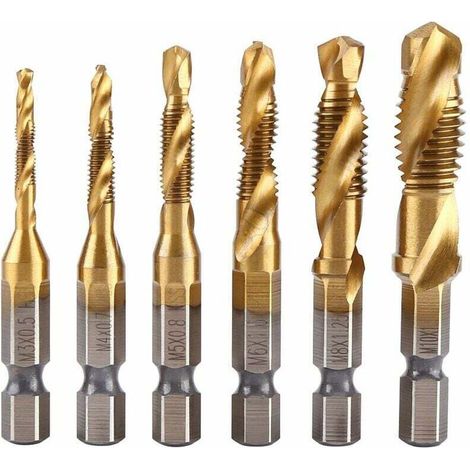 Satz von 6 Gewindebohrern, Gewindebohrer, metrisches Gewinde M3-M10 mit HSS-Titanbeschichtung und 1/4"-Gewindebohrer mit Sechskantschaft und Nut zum Schneiden verschiedener Gewinde.