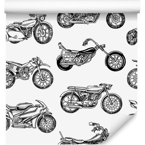 Papier peint à motifs de motos en noir et blanc pour salon et chambre, 50 x 1000 cm (1/5)