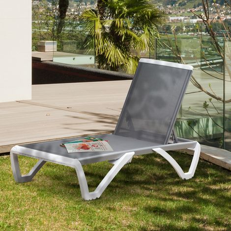 Bain de soleil inclinable avec dossier réglable et roulettes arrière, 195 x 67,5 x 33 cm, gris et blanc (1/5)