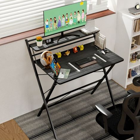 Petite table pliante,80x50x107cm,Bureau d'ordinateur pliable à 2 niveaux avec étagère (1/5)