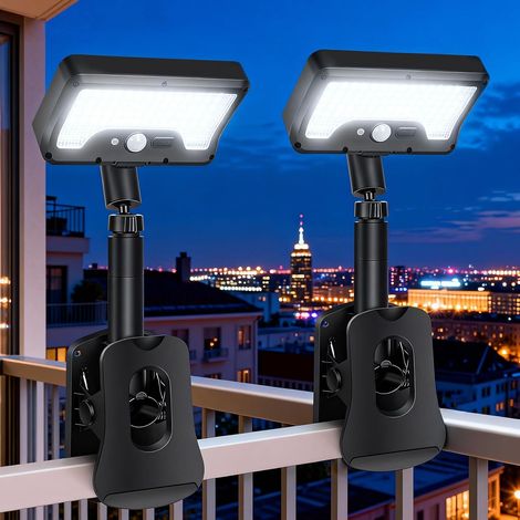 Lot de 2 lampes solaires d'extérieur à clipser avec détecteur de mouvement, 3 modes LED, étanchéité IP65, lampes solaires d'extérieur pour jardin, terrasse, balcon et clôtures gouttières (1/5)