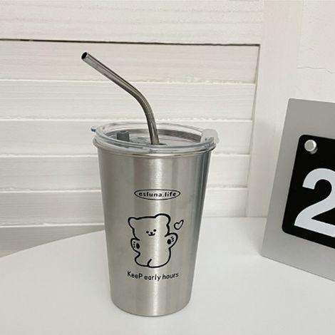 Edelstahl-Trinkbecher mit Strohhalm, bruchsicher, mit Deckel, tragbarer Becher, Kaffeebecher, Becher für kalte Getränke zu Hause, fröhlicher Bär. (1/5)