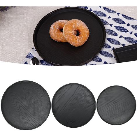 Set aus 3 runden schwarzen Holztabletts mit Durchmessern von 30 cm, 27 cm und 24 cm, für Desserts und Obst, für Zuhause oder Hotel. (1/5)