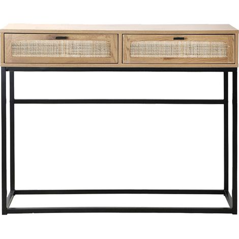 Calicosy – Console 2 tiroirs en cannage rotin L100cm – Structure métal noir – Rangement moderne pour entrée ou salon – Montage facile (1/5)