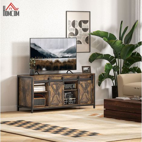 Mueble TV 120x40x54 cm marron de contrachapado con 2 puertas correderas y 6 huecos (1/5)