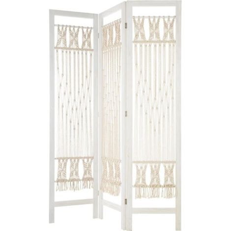 Paravent Bois Blanc et Macramé 170 cm - SILUMEN (1/3)