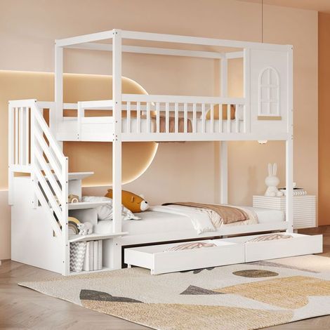 Lit Superposé 90x200cm Forme Maison Fenêtre - lit double - Escalier Rangement, 2 Tiroirs, Barrières Bois Massif Blanc