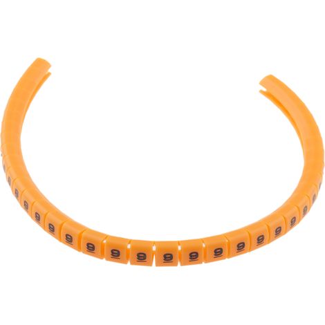Repère câble à pression , Ø câble 3 3.4mm, texte : 9, Noir sur Orange ( Prix pour Bobine de 100 )
