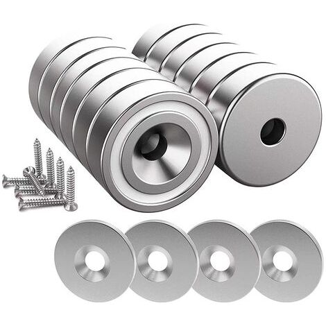 Lot de 12 aimants en néodyme 10 kg –Dimensions 20 x 7 mm avec trou et capsule –12 coussins en acier inclus –Installation facile (1/5)