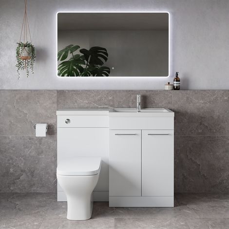 Napoli 390 Gloss White 1100mm 2 Door Vanity Unit Toilet Suite with Square Right Hand Lucia Basin - 1100mm - Chrome 160mm HandleWith Kingston Toilet Pan and Seat
