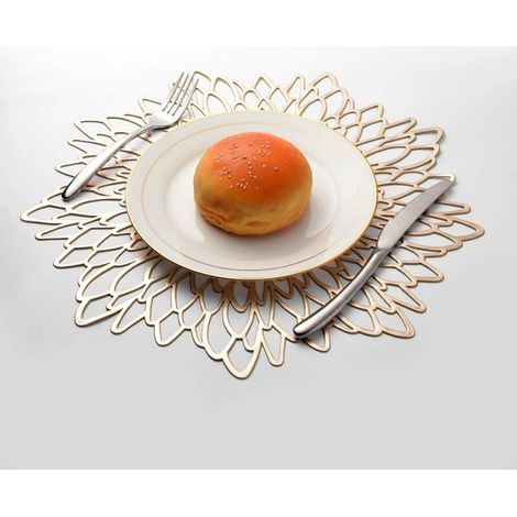 2 Pieces Gold Placemat, Hollow Out Round Placemat, Round Placemats Plastic Table Mat, Used for Heat Insulation of Plate and Table Decoration (Gold) (1/5)
